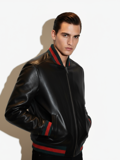 Men's Red Green Italian Color Stripes Black Textured Genuine Leather Bomber Jacket