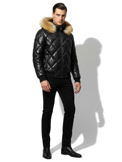 Quilted Leather Hooded Jacket with Raccoon Fur Trim