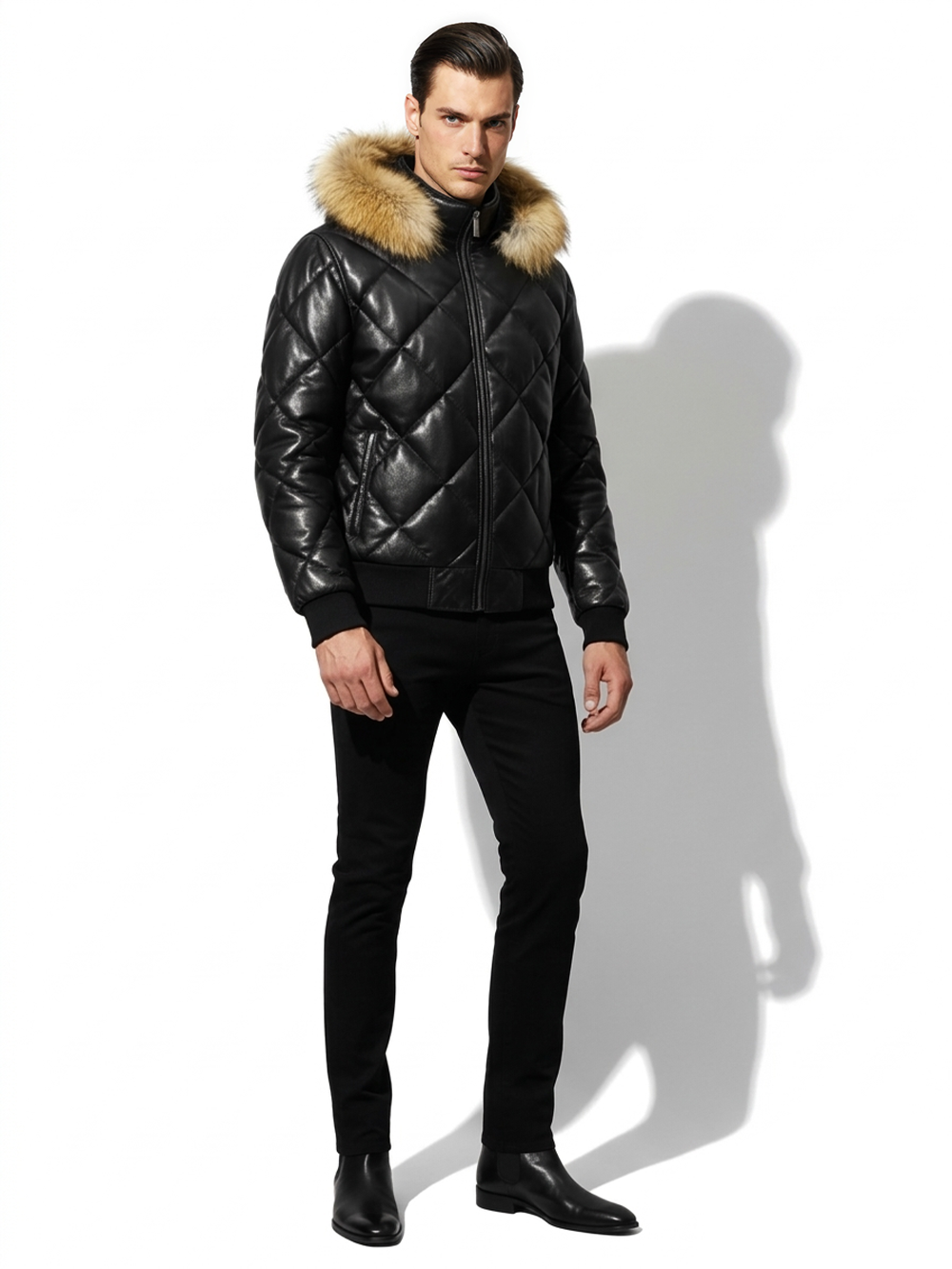 Quilted Leather Hooded Jacket with Raccoon Fur Trim