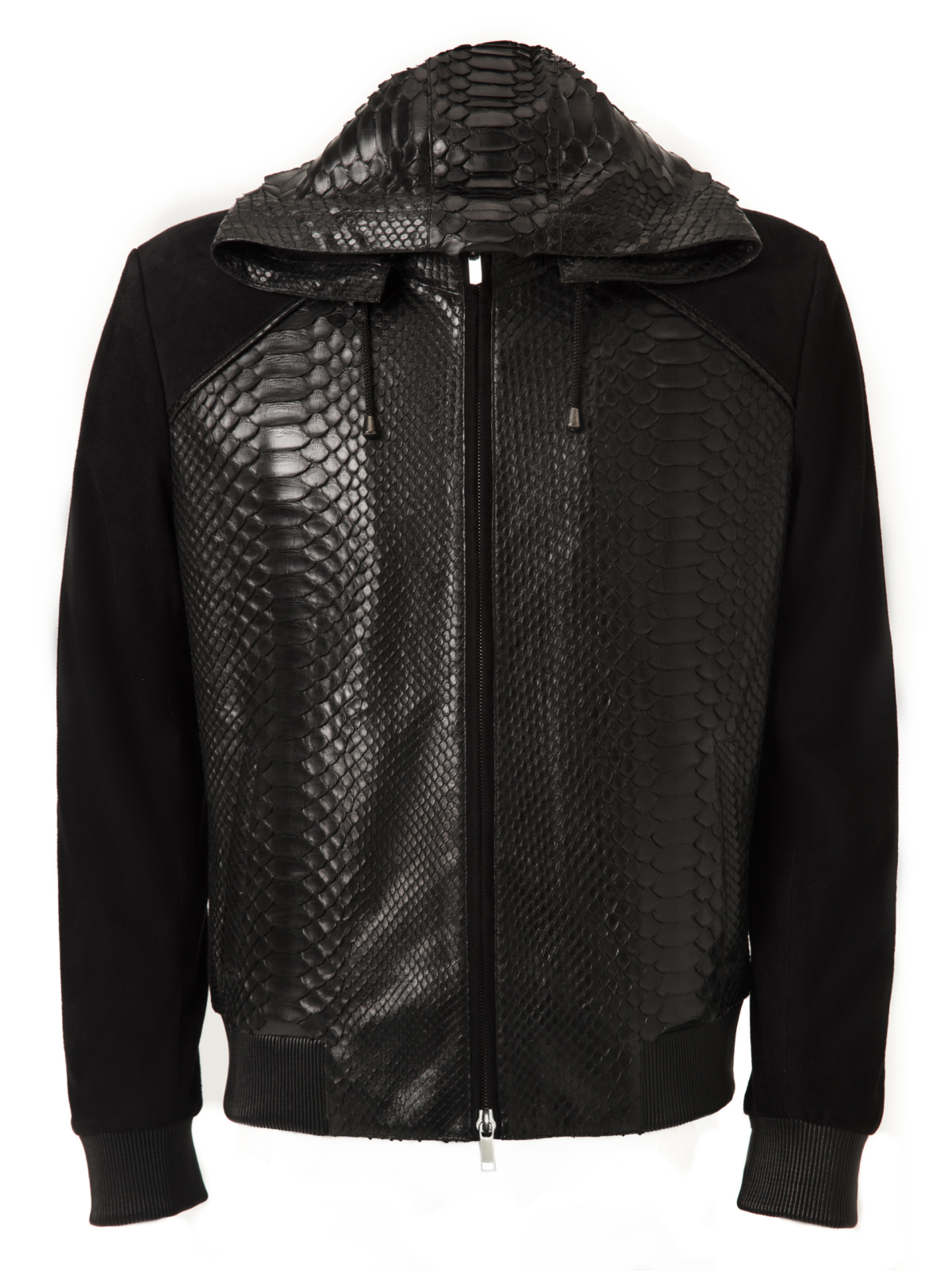 Black Suede Hooded Jacket with Python Panels