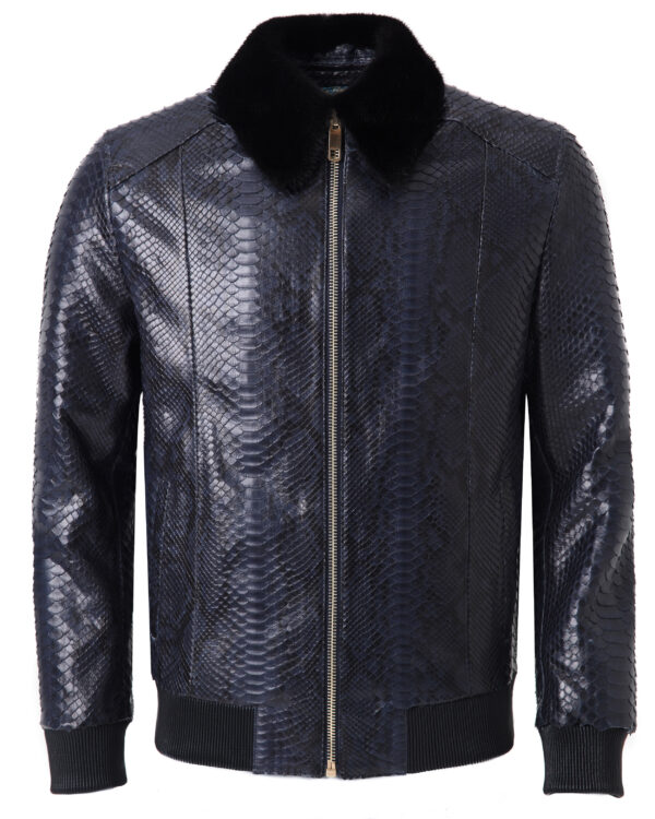 Men's Navy Blue Python Leather Detachable Mink Fur Collar Handmade Jacket