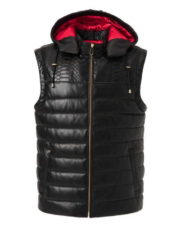 Men's Nappa Leather Hooded Vest: Python Trim, Quilted Waistcoat