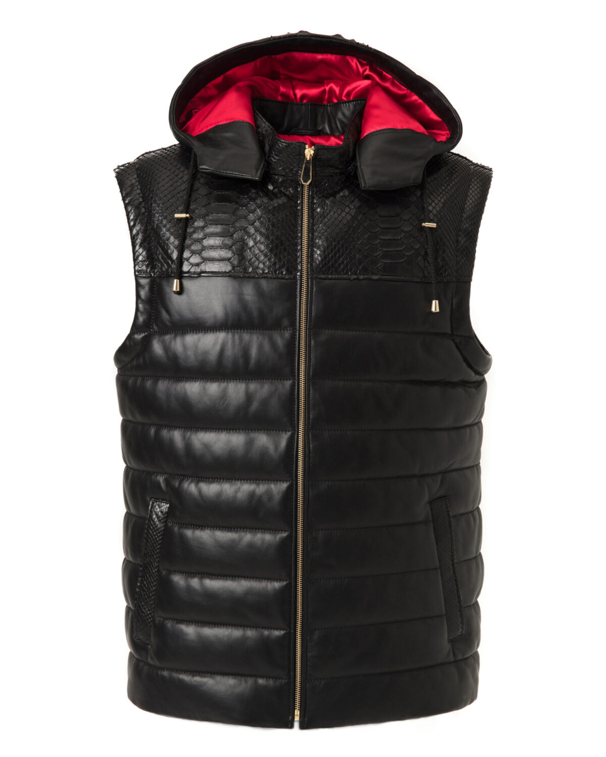 Nappa Leather Hooded Vest with Python Trim