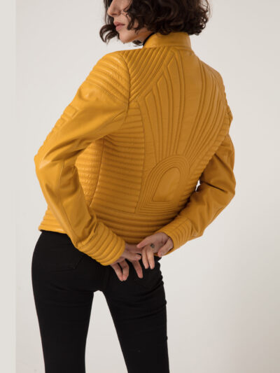 Women's Quilted Genuine Leather Black Yellow Handmade Luxury Jacket