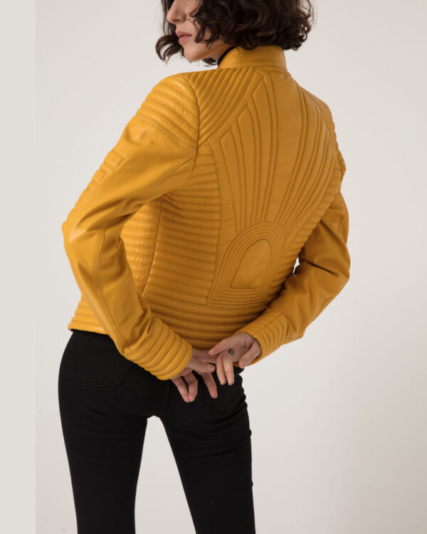 Women's Quilted Genuine Leather Black Yellow Handmade Luxury Jacket