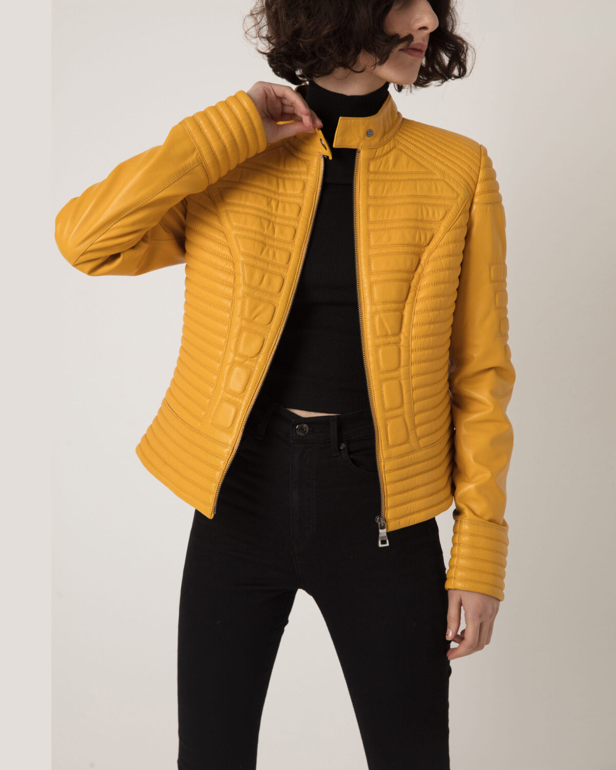 Women's Quilted Genuine Leather Black Yellow Handmade Luxury Jacket