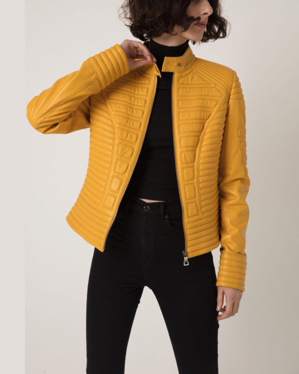 Women's Quilted Genuine Leather Black Yellow Handmade Luxury Jacket