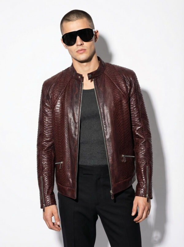 Genuine Burgundy Python Skin Racer Jacket - Luxury Wine Red Snake Leather Moto Coat