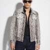 Natural White Grey Python Skin Trucker Jacket - Exotic Snake Luxury Leather Denim Style Coat