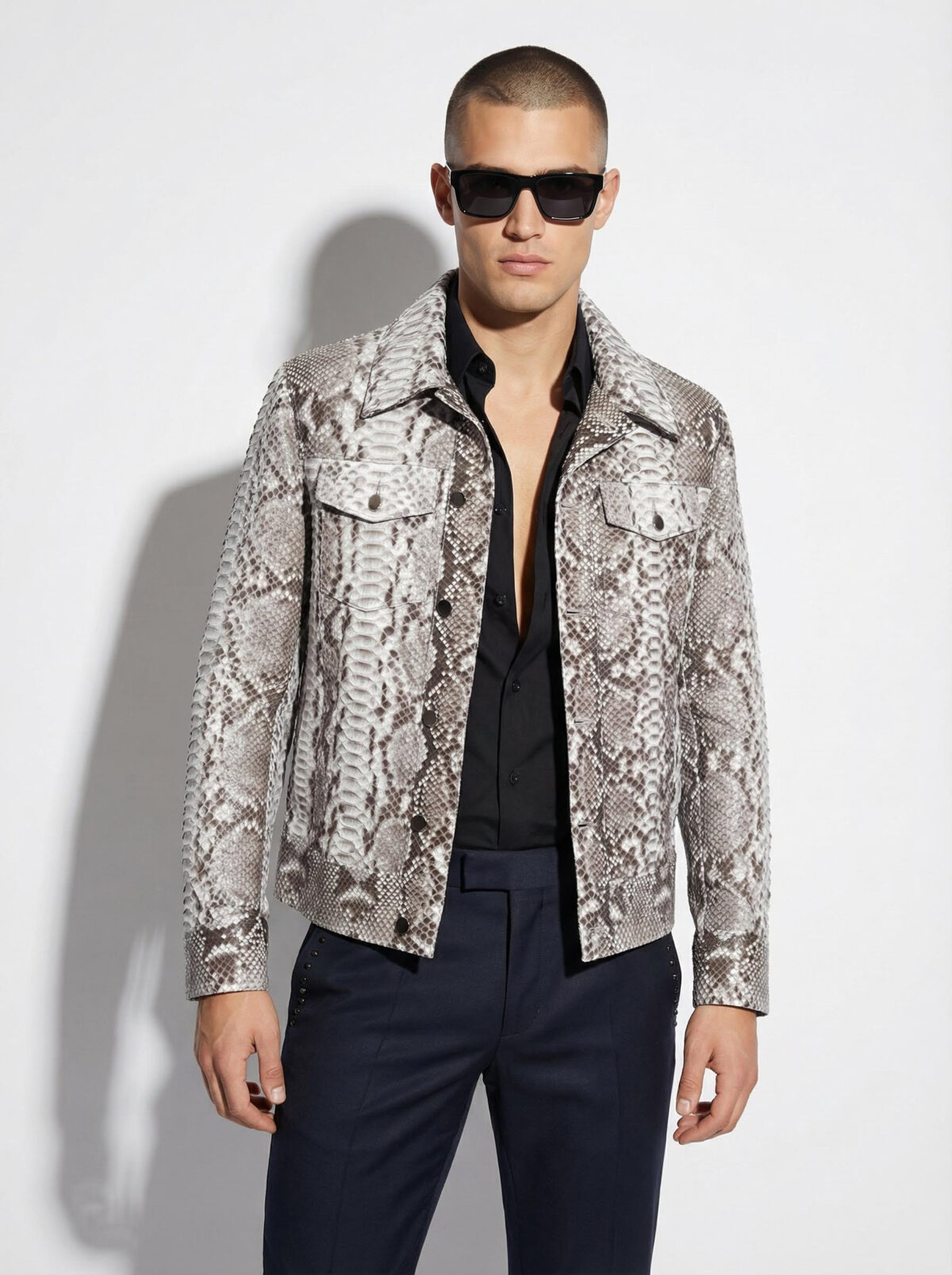 Natural White Grey Python Skin Trucker Jacket - Exotic Snake Luxury Leather Denim Style Coat