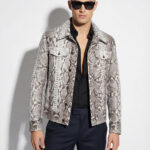 Natural White Grey Python Skin Trucker Jacket - Exotic Snake Luxury Leather Denim Style Coat