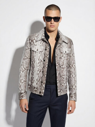 Natural White Grey Python Skin Trucker Jacket - Exotic Snake Luxury Leather Denim Style Coat