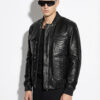 Black Genuine Python Skin Utility Bomber Jacket - Luxury Cargo Style Snake Leather Coat