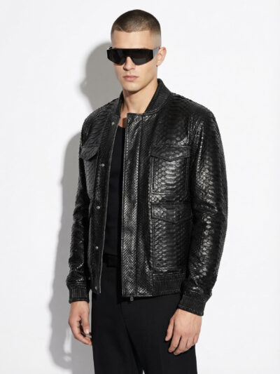 Black Genuine Python Skin Utility Bomber Jacket - Luxury Cargo Style Snake Leather Coat