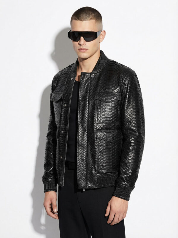 Black Genuine Python Skin Utility Bomber Jacket - Luxury Cargo Style Snake Leather Coat
