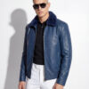 Navy Blue Genuine Ostrich Skin Bomber Jacket - Removable Mink Fur Collar Exotic Leather Coat