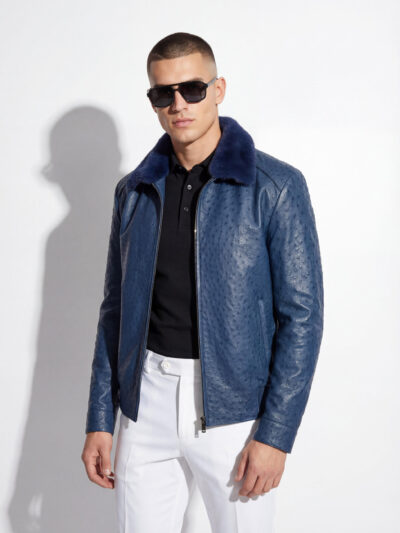 Navy Blue Genuine Ostrich Skin Bomber Jacket - Removable Mink Fur Collar Exotic Leather Coat