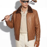Cognac Ostrich Leather Bomber Jacket - Removable Mink Fur Collar