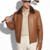 Cognac Ostrich Leather Bomber Jacket - Removable Mink Fur Collar