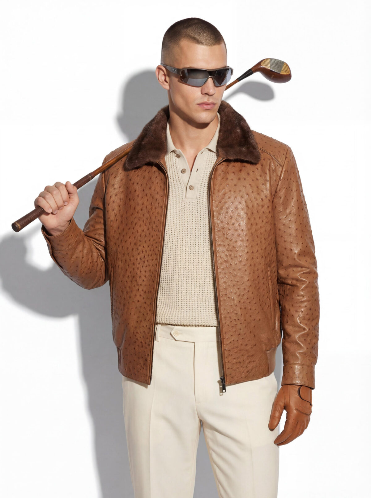 Cognac Ostrich Leather Bomber Jacket - Removable Mink Fur Collar