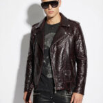 Deep Red Black Python Leather Biker Jacket - Exotic Snake Skin Motorcycle Coat