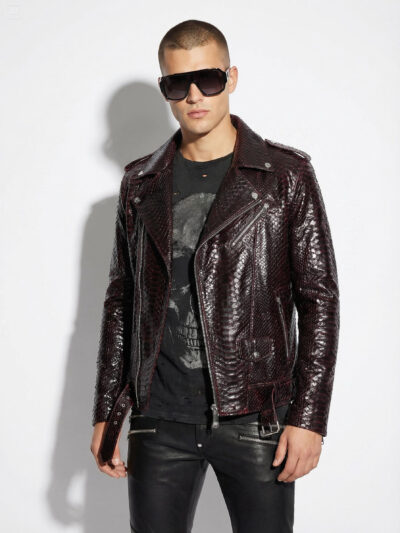 Deep Red Black Python Leather Biker Jacket - Exotic Snake Skin Motorcycle Coat