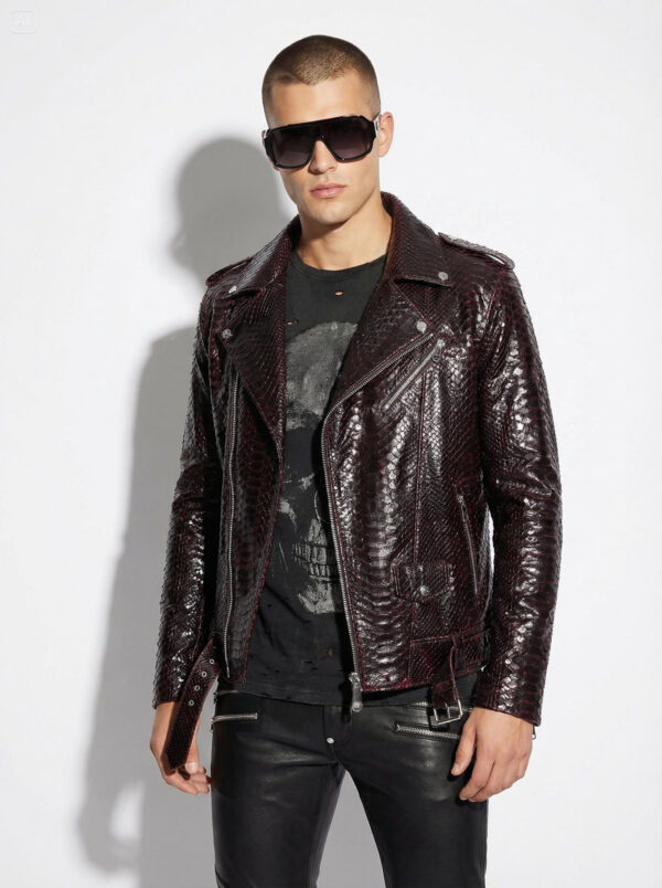 Deep Red Black Python Leather Biker Jacket - Exotic Snake Skin Motorcycle Coat