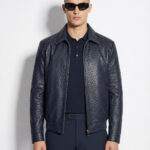 Genuine Ostrich Quill Leather Men's Navy Blue Luxury Handmade Bomber Jacket