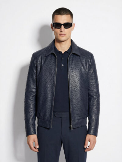 Genuine Ostrich Quill Leather Men's Navy Blue Luxury Handmade Bomber Jacket