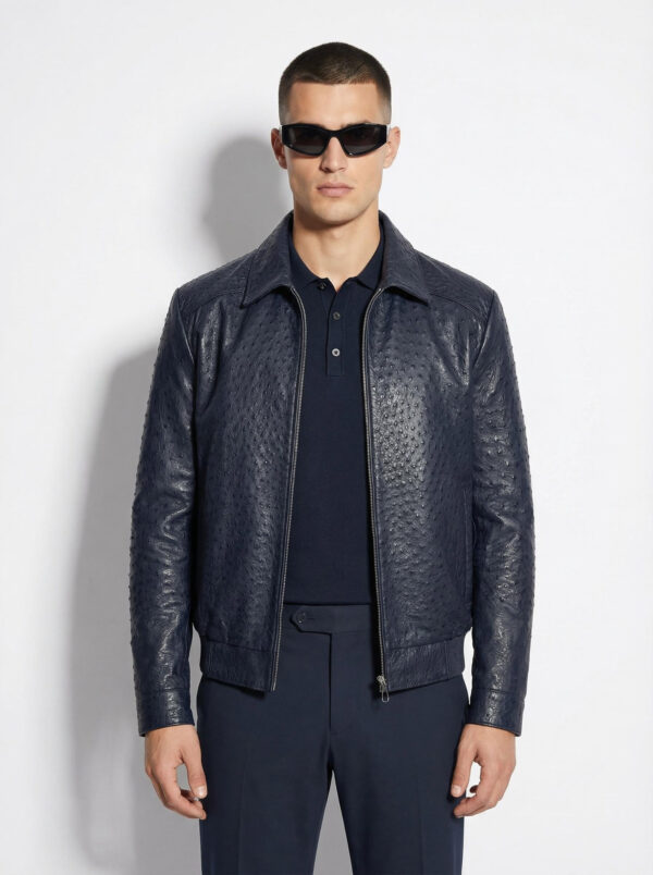 Genuine Ostrich Quill Leather Men's Navy Blue Luxury Handmade Bomber Jacket