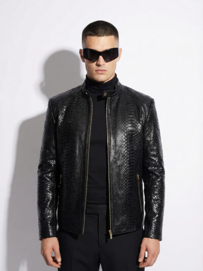 Luxury Men's Black Python Leather Genuine Snake Skin Exotic Moto Jacket