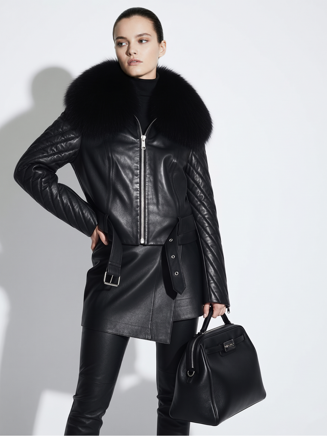 Black Lambskin Jacket with Fox Fur Trim