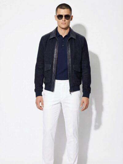High-End Suede Genuine Leather Bomber Jacket | Navy Blue Coat Wtih Crocodile Embossed Lambskin Trim