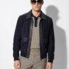 High-End Suede Genuine Leather Bomber Jacket | Navy Blue Coat Wtih Crocodile Embossed Lambskin Trim