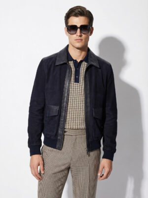 High-End Suede Genuine Leather Bomber Jacket | Navy Blue Coat Wtih Crocodile Embossed Lambskin Trim