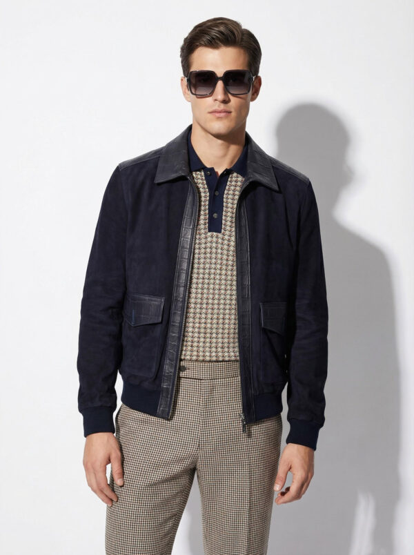 High-End Suede Genuine Leather Bomber Jacket | Navy Blue Coat Wtih Crocodile Embossed Lambskin Trim