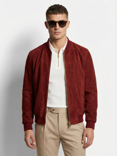 High-End Suede Genuine Leather Bomber Jacket | Burgundy Red & Brown Luxury Coat