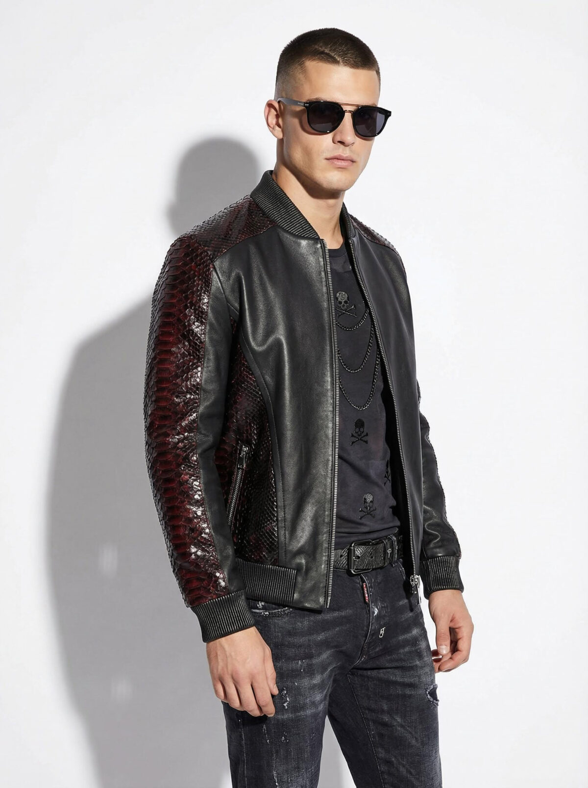 Deep Red & Black Genuine Python Skin Bomber Jacket | Men's Exotic Snake and Lambskin Outerwear