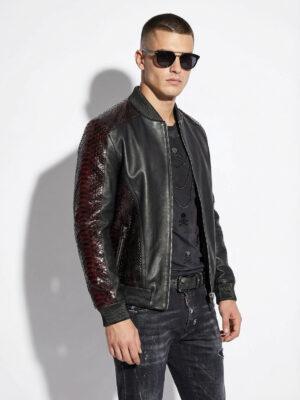 Deep Red & Black Genuine Python Skin Bomber Jacket | Men's Exotic Snake and Lambskin Outerwear