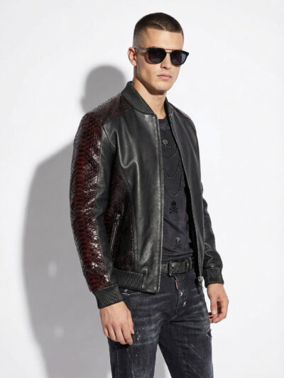 Deep Red & Black Genuine Python Skin Bomber Jacket | Men's Exotic Snake and Lambskin Outerwear