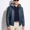 Genuine Ostrich Quill Leather Rex Rabbit Fur Lining Men Navy Blue Hoodie Jacket