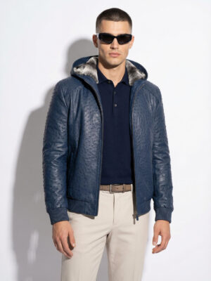 Genuine Ostrich Quill Leather Rex Rabbit Fur Lining Men Navy Blue Hoodie Jacket