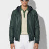 Green Leather Hooded Bomber Jacket | Men's Zip-Up Hoodie Coat | Casual Luxury Outerwear