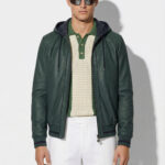Green Leather Hooded Bomber Jacket | Men's Zip-Up Hoodie Coat | Casual Luxury Outerwear
