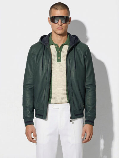 Green Leather Hooded Bomber Jacket | Men's Zip-Up Hoodie Coat | Casual Luxury Outerwear