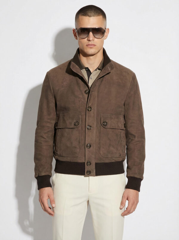 Nubuck Leather Bomber Jacket, Men's Brown Suede Button-Front, Luxury Casual Outerwear