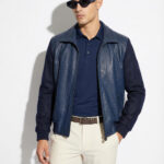 Navy Blue Ostrich Leather Wool Bomber Jacket | Luxury Men's Outerwear