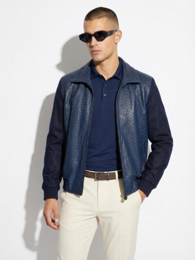 Navy Blue Ostrich Leather Wool Bomber Jacket | Luxury Men's Outerwear