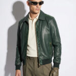 Emerald Green Leather Bomber Jacket | Subtle Genuine Python Skin Trim | Men's Luxury Zip Coat