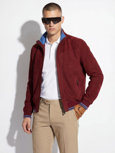 Bordeaux Luxury Metis Suede Bomber Jacket – Red Burgundy Genuine Leather Men’s Designer Outerwear